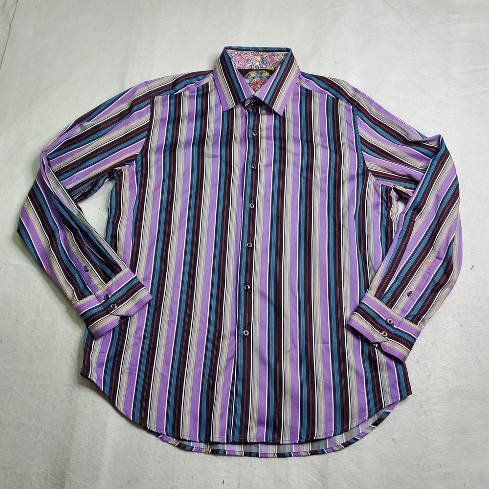 Robert Graham Mens Button Down Shirt Purple Multi Color Striped Classic Fit XL